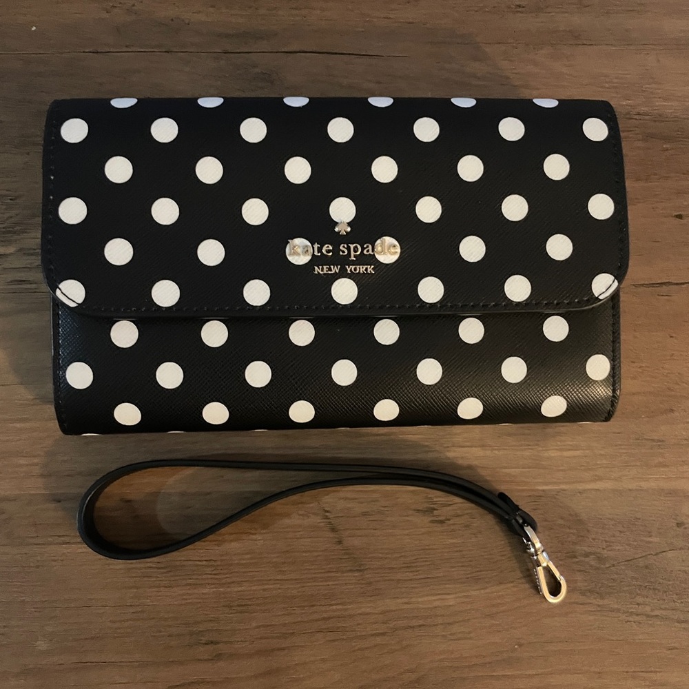 Kate Spade Cheers Black and White Polka Dot Phone Wristlet